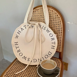 Round Canvas Shoulder Bag Large Capacity Circular Letter Print Drawstring Bow Decor Casual Korean Tote For Women
