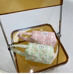 Quilted cotton vanity bags in sweet candy colors with flower tag and top handle