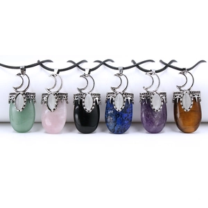 Natural Stone Hollow Moon Pendant Necklace Healing Crystal Amethyst Tiger Eye Rose Quartz Jewelry Vintage Bohemian