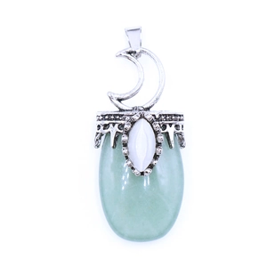 Bohemian silver crescent moon pendant with natural green gemstone and white stone inlay