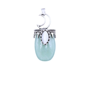 Retro crescent moon necklace with light green natural crystal stone pendant and silver finish