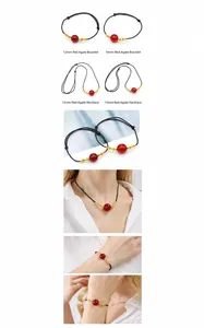 Detail of red agate beads in 12mm and 14mm with golden hollow accents and black cord