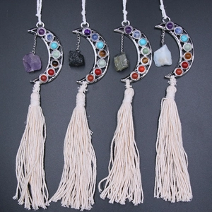 Moon Shape Hanging Ornament With Natural Healing Crystal Stones And Seven Chakra Raw Gemstone Cotton Tassels Boho Decor
