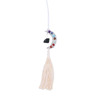 Bohemian moon pendant with chakra stones and cream tassels for car or home decoration