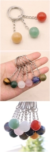 Detailed view of 16mm crystal ball keychains in various colorful natural gemstones