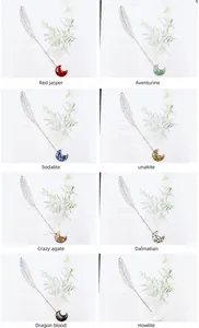 Collection of silver feather bookmarks with various natural crystal moon pendants