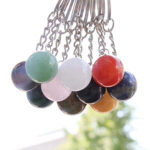 Natural crystal stone 16mm sphere keychain with polished tiger eye and rose quartz orb