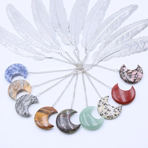 Silver feather metal bookmarks with various colorful moon-shaped natural crystal pendants