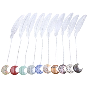 Silver feather metal bookmarks with 10 colors of natural crystal moon pendants