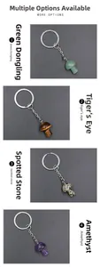 Macro detail of natural stone mushroom keychains in quartz, tiger eye, and jasper styles