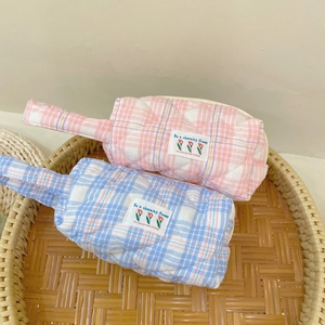 Quilted cotton handbags in pink and blue plaid with charming floral typography