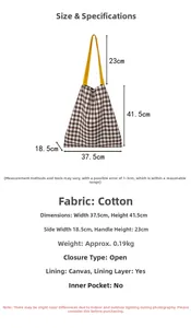 Tableau des tailles détaillé pour cabas en toile rayée marron avec dimensions et anses