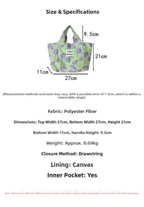 Detailed size chart and material specs for the green floral polyester tote bag