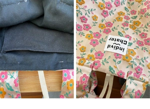 Detail view of floral canvas handbag showing interior pocket and fabric brand label