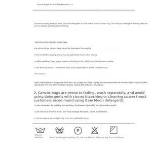 Care guide for canvas storage bags with washing instructions and symbol meanings