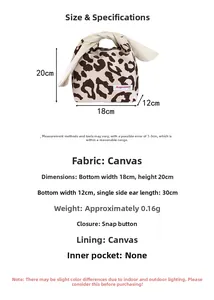 Detailed size chart for leopard print canvas lunch bag with bunny ear handles and snap button