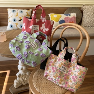 French Style Cute Bowknot Floral Handbag Polyester Drawstring Closure Portable Bento Tote Bag For Women Girls Niche Design