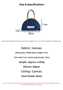 Detailed size chart for the semi-circular canvas handbag showing 20x11x7 cm dimensions
