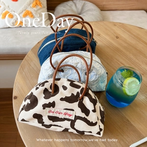 Vintage semicircular handbag set with cow pattern, floral texture and denim fabrics