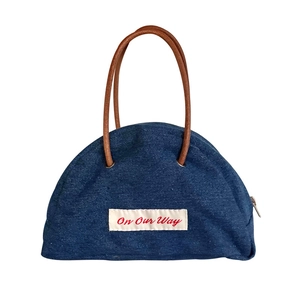 Retro denim semicircular handbag with leather handle and On Our Way embroidery