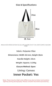Detailed size chart for white quilted tote bag with black canvas straps and 38cm height