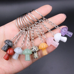 Set of 8 natural crystal mushroom keychains featuring amethyst and tiger eye stone pendants