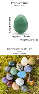 Detailed size guide and assorted 20mm natural gemstone egg-shaped stones on green moss