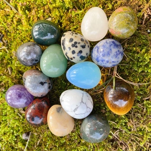 Set of 14 assorted 20mm egg-shaped natural crystal gemstones displayed on green moss