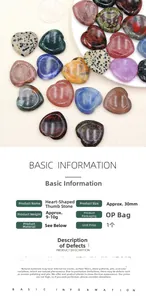 Detail showing various 30mm natural crystal heart stones and technical specifications