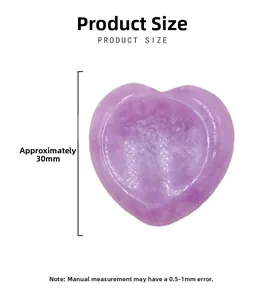 Detailed view of 30mm purple natural crystal heart stone with white marble veins and dimensions