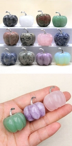 Close-up of 30mm natural crystal quartz pumpkin pendants in various colorful gemstones