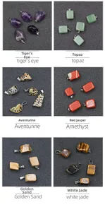 Λεπτομέρεια από διάφορα μενταγιόν φυσικών κρυστάλλων, αμέθυστο και μάτι της τίγρης