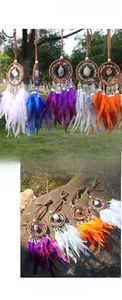 Macro detail of handmade crystal dream catcher car pendant with natural feathers