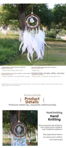 Detailed view of handmade crystal dreamcatcher car charm with white feathers and natural stone