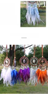 Detail of fumigated natural feathers and crystal stone on a handmade dream catcher