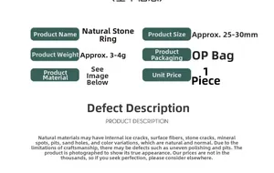 Detailed chart showing 3-4g natural stone ring dimensions of 25-30mm and OPP bag packaging