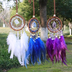 Handmade crystal dream catcher pendants with feathers in white, blue, and purple colors