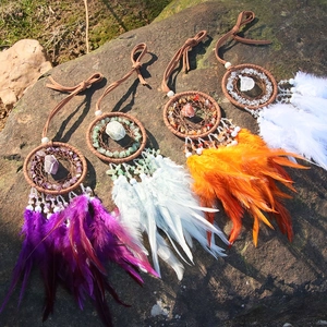 Bohemian dream catcher set with natural crystals and feathers for car or wall hanging