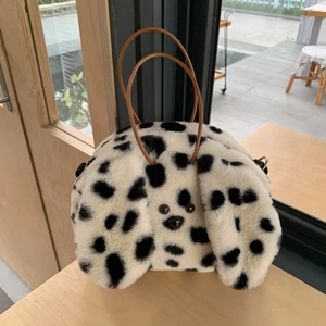Plush Dog Shaped Crossbody Bag Faux Fur Leopard Print Top Handle Handbag Small Animal Shoulder Purse For Women