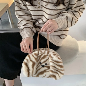 Cute plush puppy handbag with brown and white zebra pattern and 3D ears design
