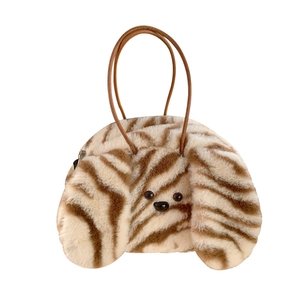 Cute plush puppy handbag with brown tiger stripes and long ears for women winter