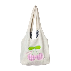 White plush cherry tote bag with heart embroidery and blue checkered lining