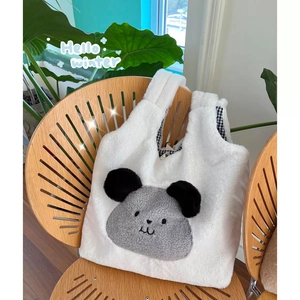 Cute white plush tote bag with grey cartoon animal face and checkered lining for winter