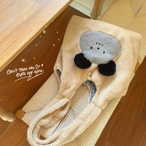 Cute beige faux rabbit fur tote bag with cartoon dog patch and plaid lining on woven chair