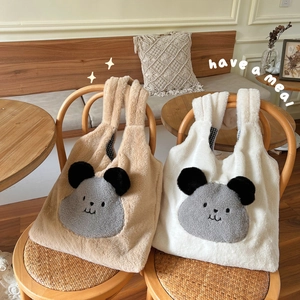 Plush faux rabbit fur tote bags in beige and white featuring cute animal face designs
