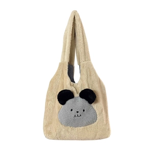 Cute beige faux rabbit fur tote bag with cartoon pattern and plaid lining for winter