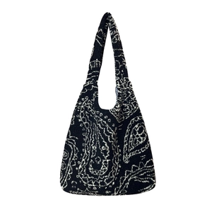 Large capacity paisley lamb wool tote bag with black and white ethnic pattern design