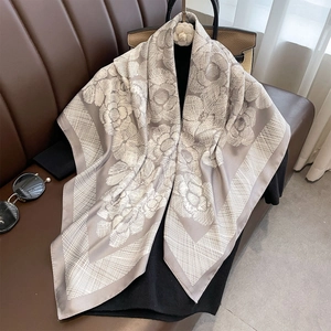 Elegant greige floral scarf with white camellia print and silk-like glossy finish