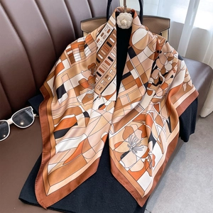 Elegant Geometric Floral Print Large Square Scarf Polyester Satin Like Twill Retro Fashion Shawl