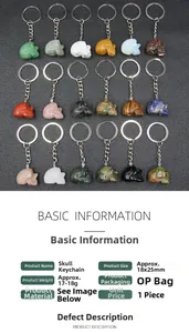 Detail view of 1-inch carved crystal skull keychains with size and weight specifications